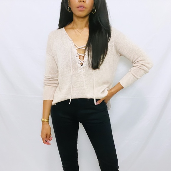 Loft | Beige Knit Long Sleeve Sweater V-Neck Lace Up Top - Picture 10 of 10